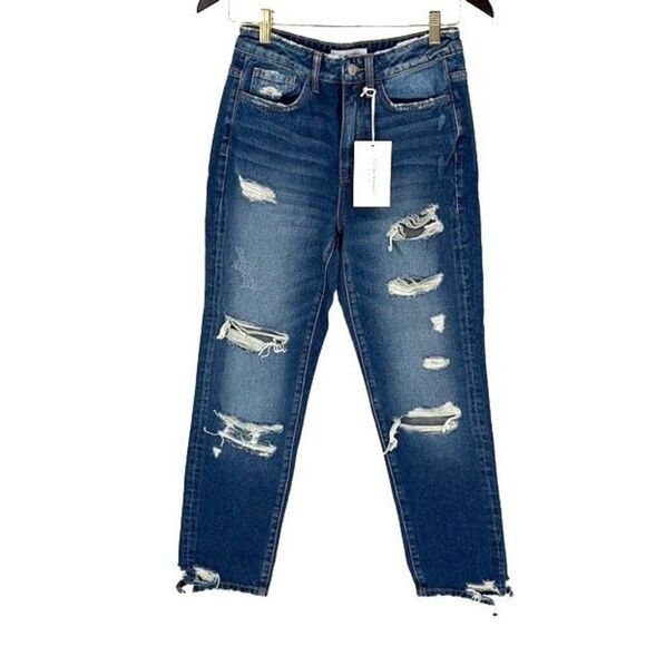 Flying Monkey Womens Distressed Whisker Cotton Boyfriend Jeans Blue Size 25‎ NWT - Picture 1 of 10